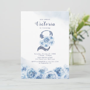 Invitación Elegante guión purpurina azul floral 2º cumpleaños