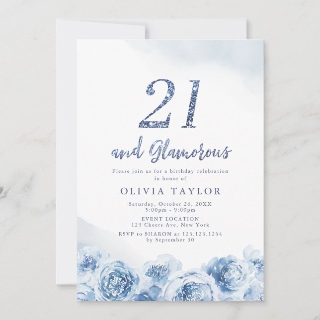 Invitación Elegante guión purpurina azul floral 21 cumpleaños (Anverso)