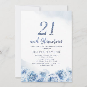 Invitación Elegante guión purpurina azul floral 21 cumpleaños