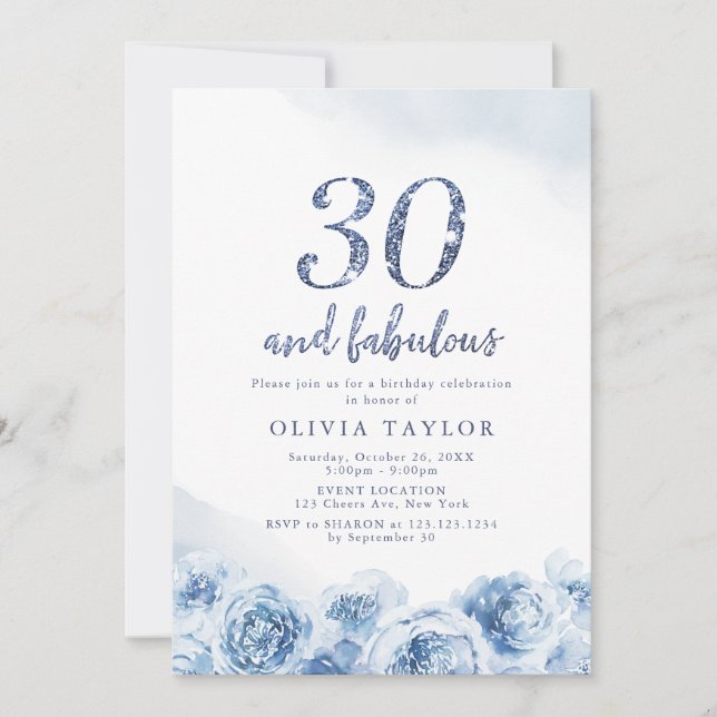 Invitación Elegante guión purpurina azul floral 30 cumpleaños (Anverso)
