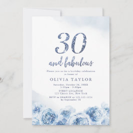 Invitación Elegante guión purpurina azul floral 30 cumpleaños