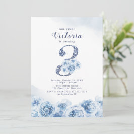 Invitación Elegante guión purpurina azul floral 3 cumpleaños