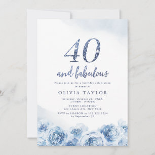 Invitación Elegante guión purpurina azul floral 40 cumpleaños