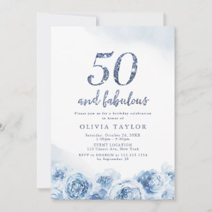 Invitación Elegante guión purpurina azul floral 50 cumpleaños