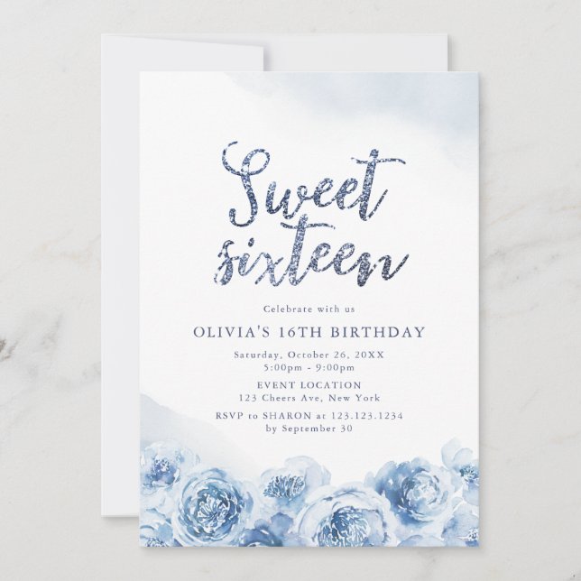 Invitación Elegante guión purpurina azul floral dulce diecisé (Anverso)