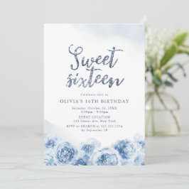 Invitación Elegante guión purpurina azul floral dulce diecisé