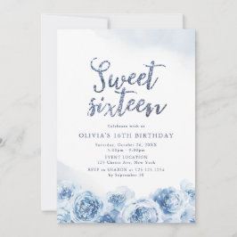 Invitación Elegante guión purpurina azul floral dulce diecisé