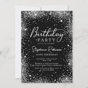 Invitación Elegante guión Purpurina de plata negra 10 cumplea