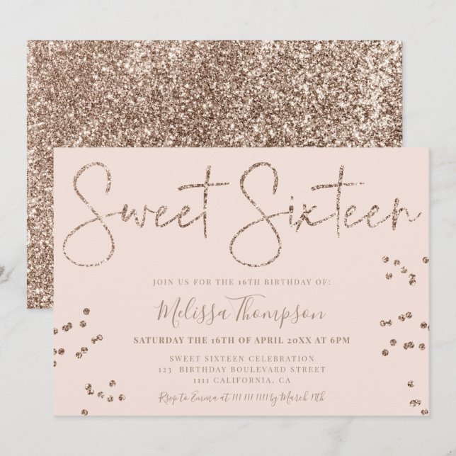 Invitación Elegante guion purpurina dorado moda rosado Sweet  (Anverso / Reverso)