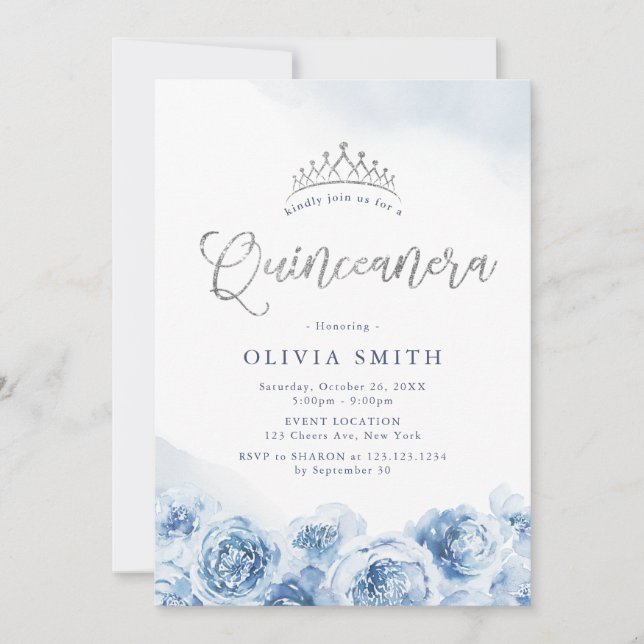 Invitación Elegante guión purpurina floral azul Quinceanera (Anverso)