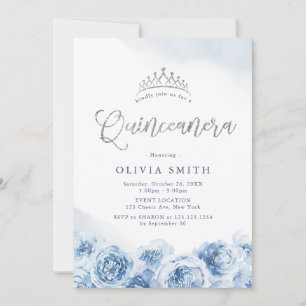 Invitación Elegante guión purpurina floral azul Quinceanera