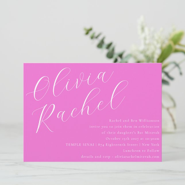Invitación Elegante guión rosa caliente de moda Bat Mitzvah (Anverso de pie)