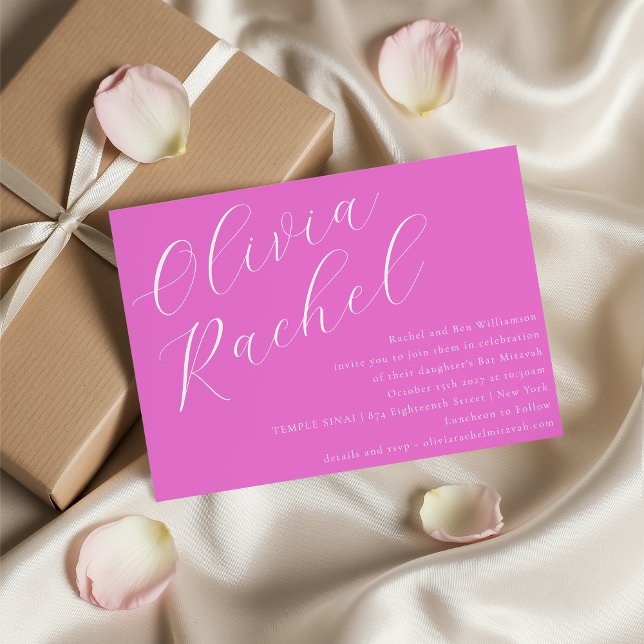 Invitación Elegante guión rosa caliente de moda Bat Mitzvah (Subido por el creador)