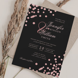 Invitación Elegante guión Rosa Confetti de oro QR Boda Negro