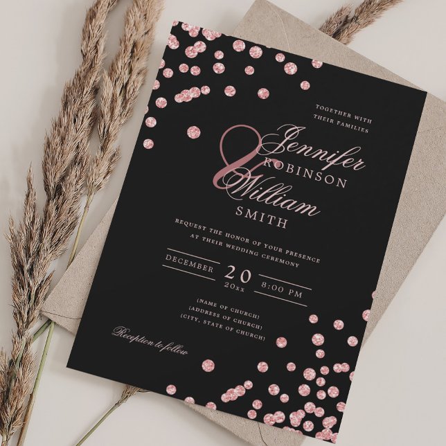 Invitación Elegante guión Rosa Confetti de oro QR Boda Negro (Elegant Script Rose Gold Confetti QR Wedding Black Invitation)