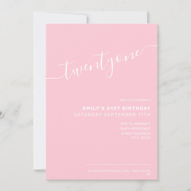 Invitación Elegante guión rosa moderno cumpleaños 21 (Anverso)