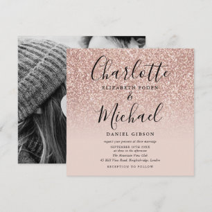 Invitación Elegante guión Rosa Oro Glitter Boda Foto