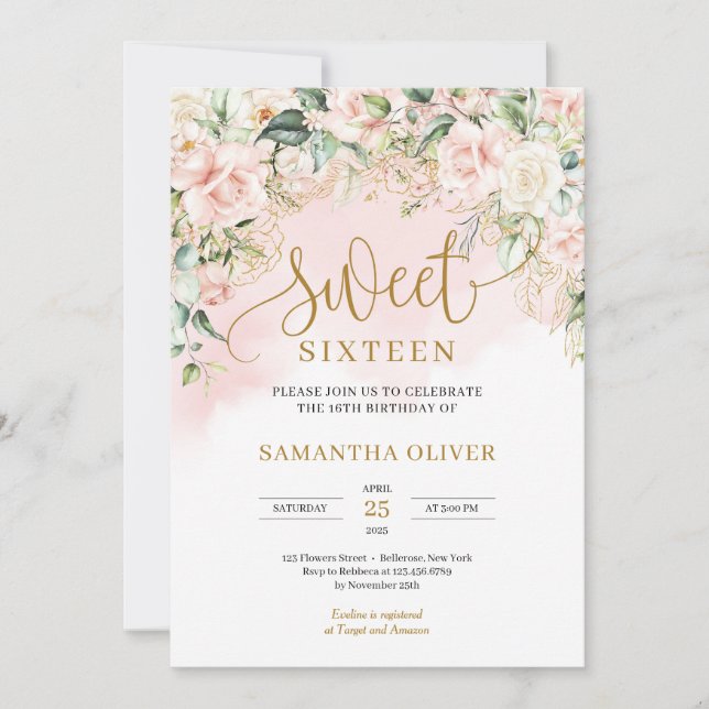 Invitación Elegante guión rosa pastel rosas dulces dieciséis (Anverso)