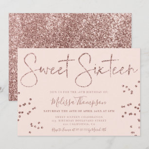 Invitación Elegante guion rosa purpurina dorado rosado Sweet 