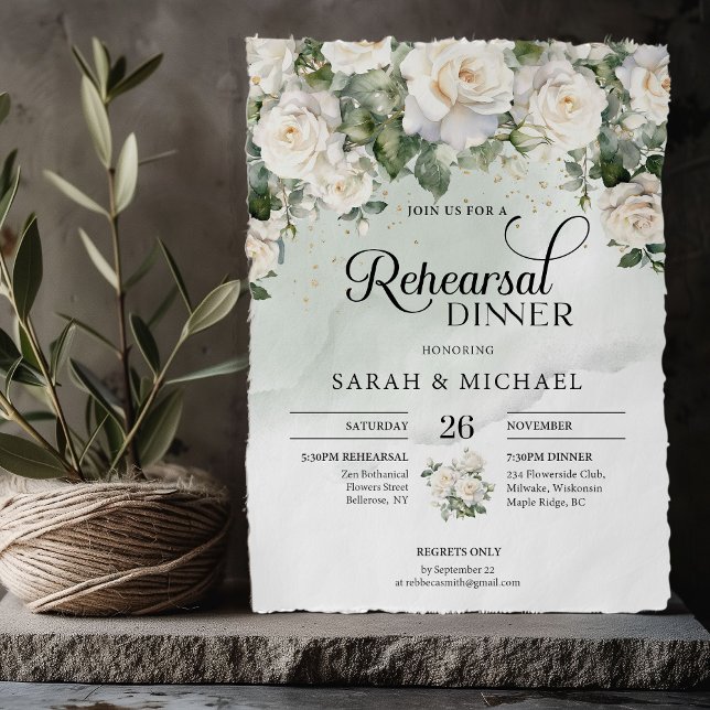 Invitación Elegante guión rosas blancas y ensayo de oro (Bohemian White Roses and Eucalyptus Greenery and gold wedding rehearsal dinner invitation)