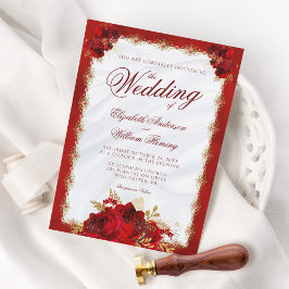 Invitación Elegante Guión Rosas de Oro Rojo Boda Floral