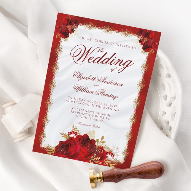 Invitación Elegante Guión Rosas de Oro Rojo Boda Floral (Subido por el creador)