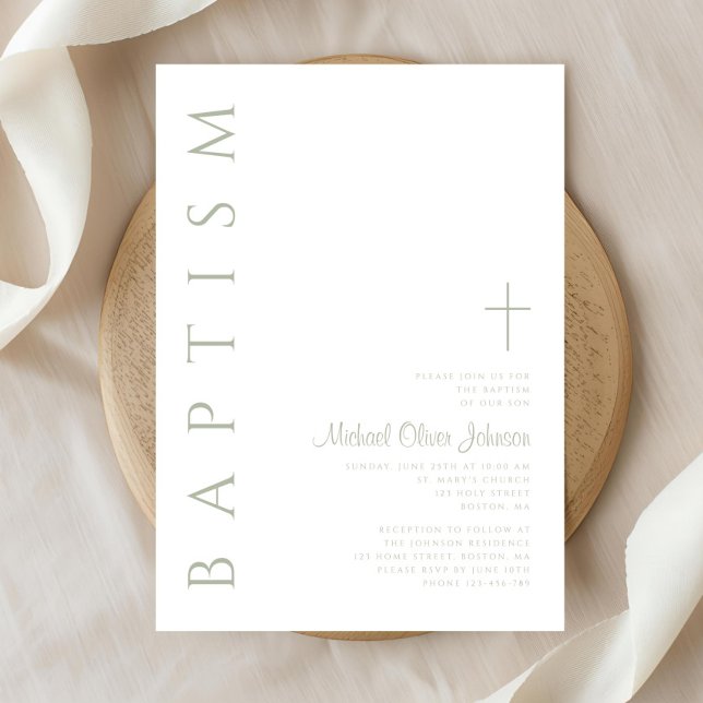 Invitación Elegante Guión Sage Green Cross Baptism (Elegant Script Sage Green Cross Baptism Invitation)