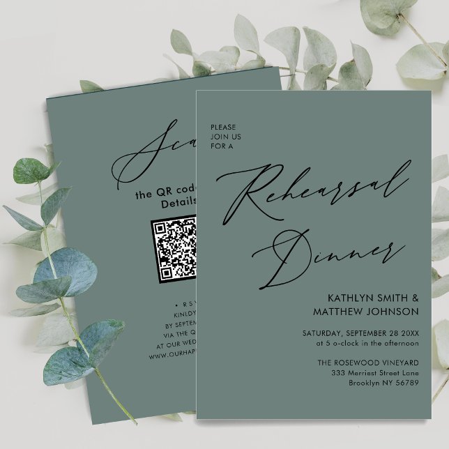 Invitación Elegante guión Sage Green Rehearsal Dinner QR códi (Subido por el creador)
