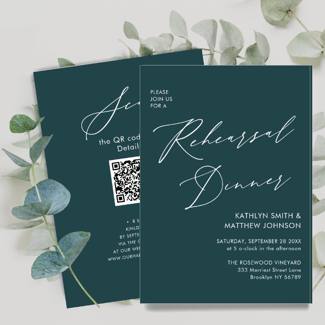 Invitación Elegante guión Sage Green Rehearsal Dinner QR códi (Subido por el creador)