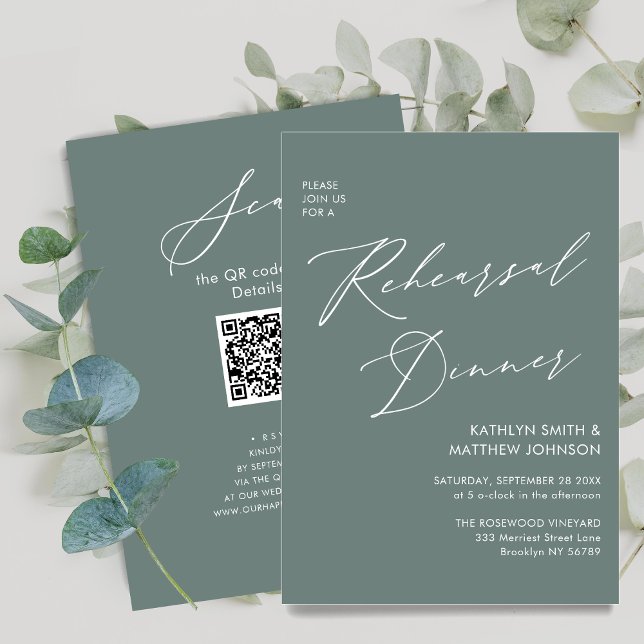 Invitación Elegante guión Sage Green Rehearsal Dinner QR códi (Subido por el creador)
