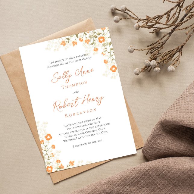 Invitación Elegante guión sencillo para la barba de bodas (Elegant peach floral wedding invitation with a monogram on the backside. )
