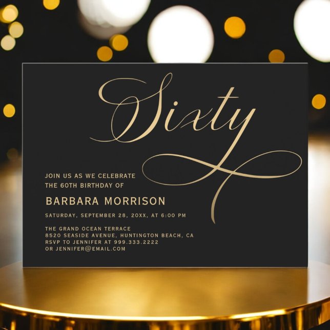 Invitación Elegante guión Sesenta Oro Negro 60 cumpleaños (Subido por el creador)