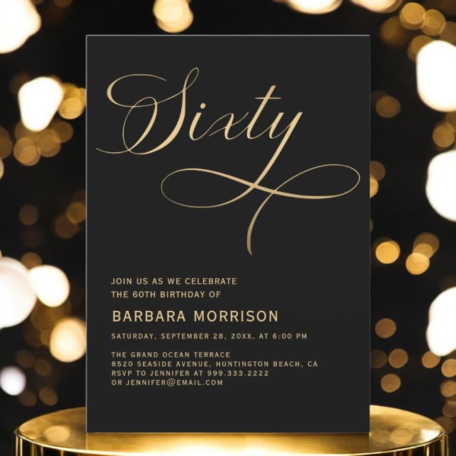 Invitación Elegante guión Sesenta Oro Negro 60 cumpleaños (Subido por el creador)