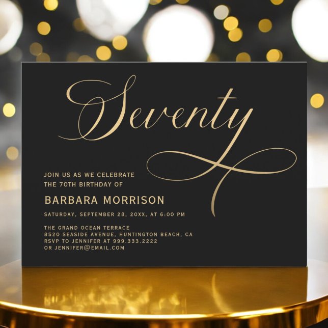 Invitación Elegante guión setenta Black Gold 70 cumpleaños (Subido por el creador)