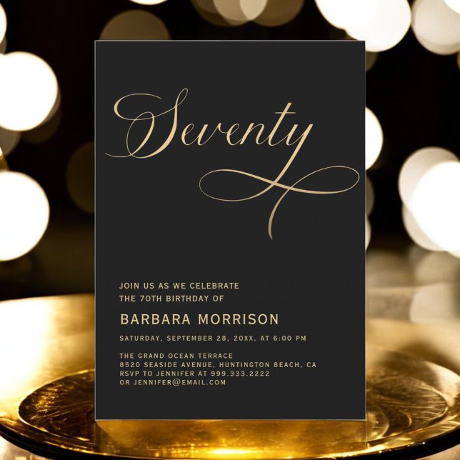 Invitación Elegante guión setenta Black Gold 70 cumpleaños (Subido por el creador)