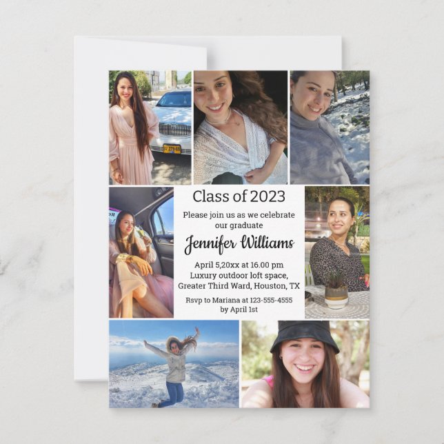 Invitación elegante guión siete fotos fiesta de graduación (Anverso)