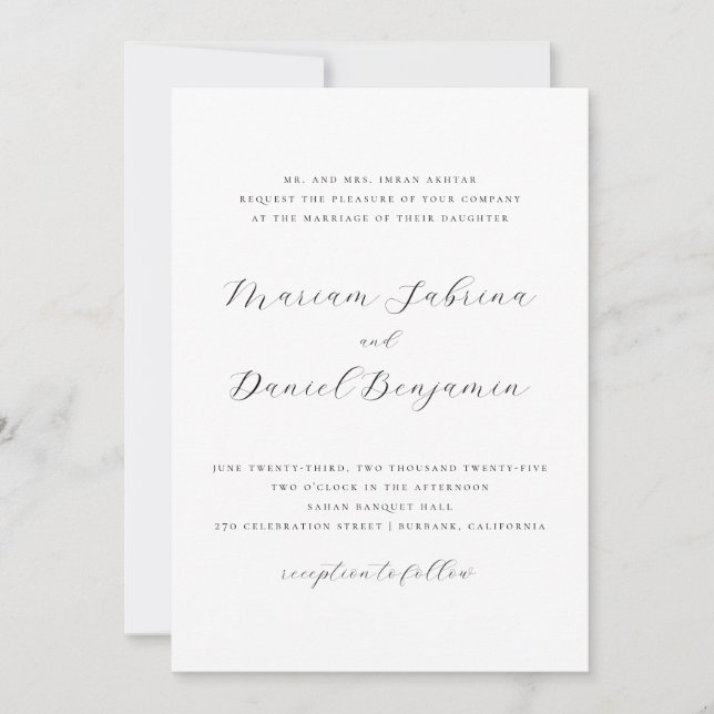 Invitación Elegante guión simple Boda blanco y negro (Anverso)