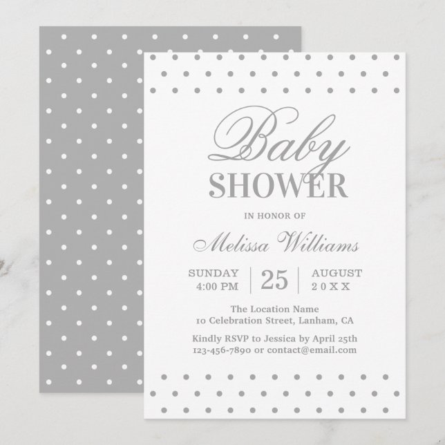 Invitación Elegante guión simple de puntos blancos grises Bab (Anverso / Reverso)