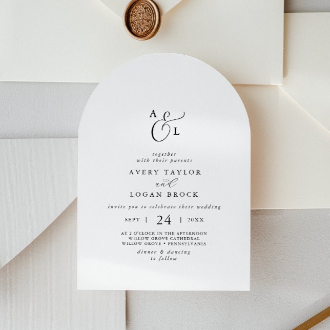 Invitación Elegante guión simple Monograma Boho Arch Boda (Elegant Script Simple Monogram Boho Arch Wedding Invitation)