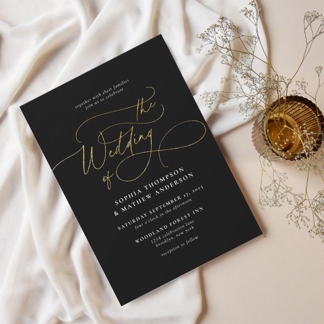 Invitación Elegante guión sofisticado Boda de oro negro (Subido por el creador)