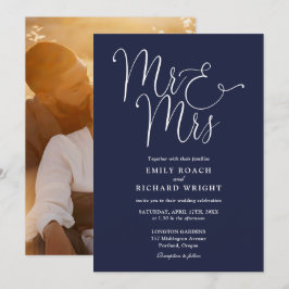 Invitación Elegante guión Sr. y Sra. Foto boda azul marino