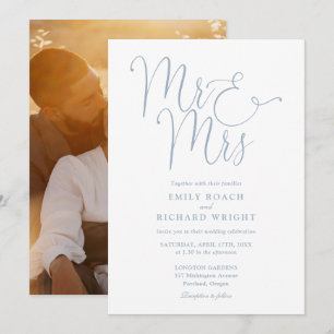 Invitación Elegante guión Sr. y Sra. Foto Dusty Blue Boda