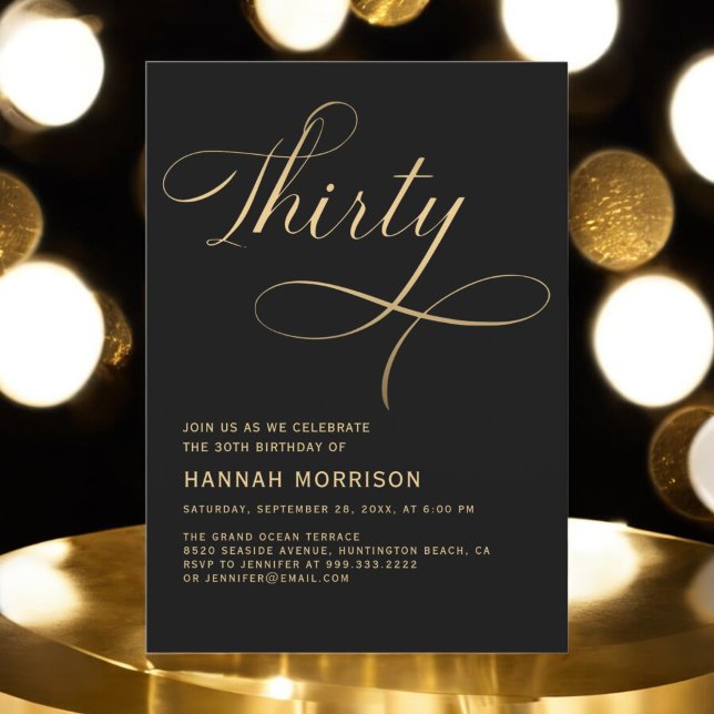 Invitación Elegante guión Treinta Oro Negro 30 cumpleaños (Subido por el creador)
