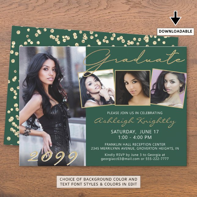 Invitación Elegante Guión Verde Dorado 4 Graduado de fotos (Subido por el creador)