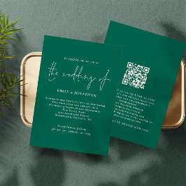 Invitación Elegante guión verde esmeralda Boda de código QR