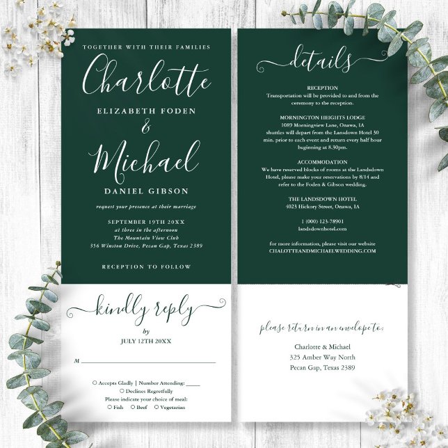 Invitación Elegante guión verde esmeralda todo en un Boda (Emerald Green Elegant Script All In One Wedding Invitation)
