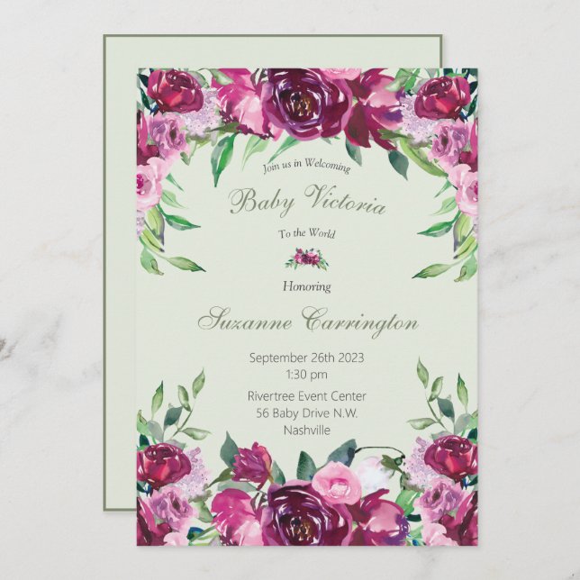 Invitación Elegante guión verde floral rosa Chica bebé (Anverso / Reverso)