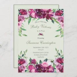 Invitación Elegante guión verde floral rosa Chica bebé