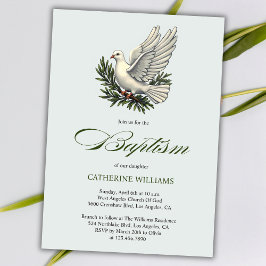 Invitación Elegante guión verde oliva blanco bautizo paloma
