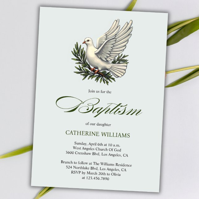 Invitación Elegante guión verde oliva blanco bautizo paloma (Elegant Green Script White Dove and Olive Branch Baptism Invitation)